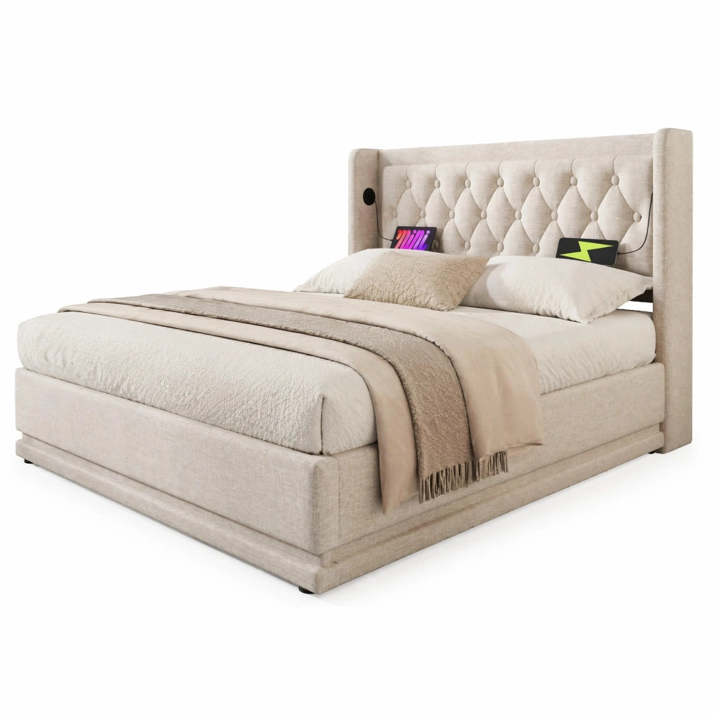 Letto imbottito contenitore 140x200 cm con LED; USB e Type-C; testiera trapuntata; cotone beige