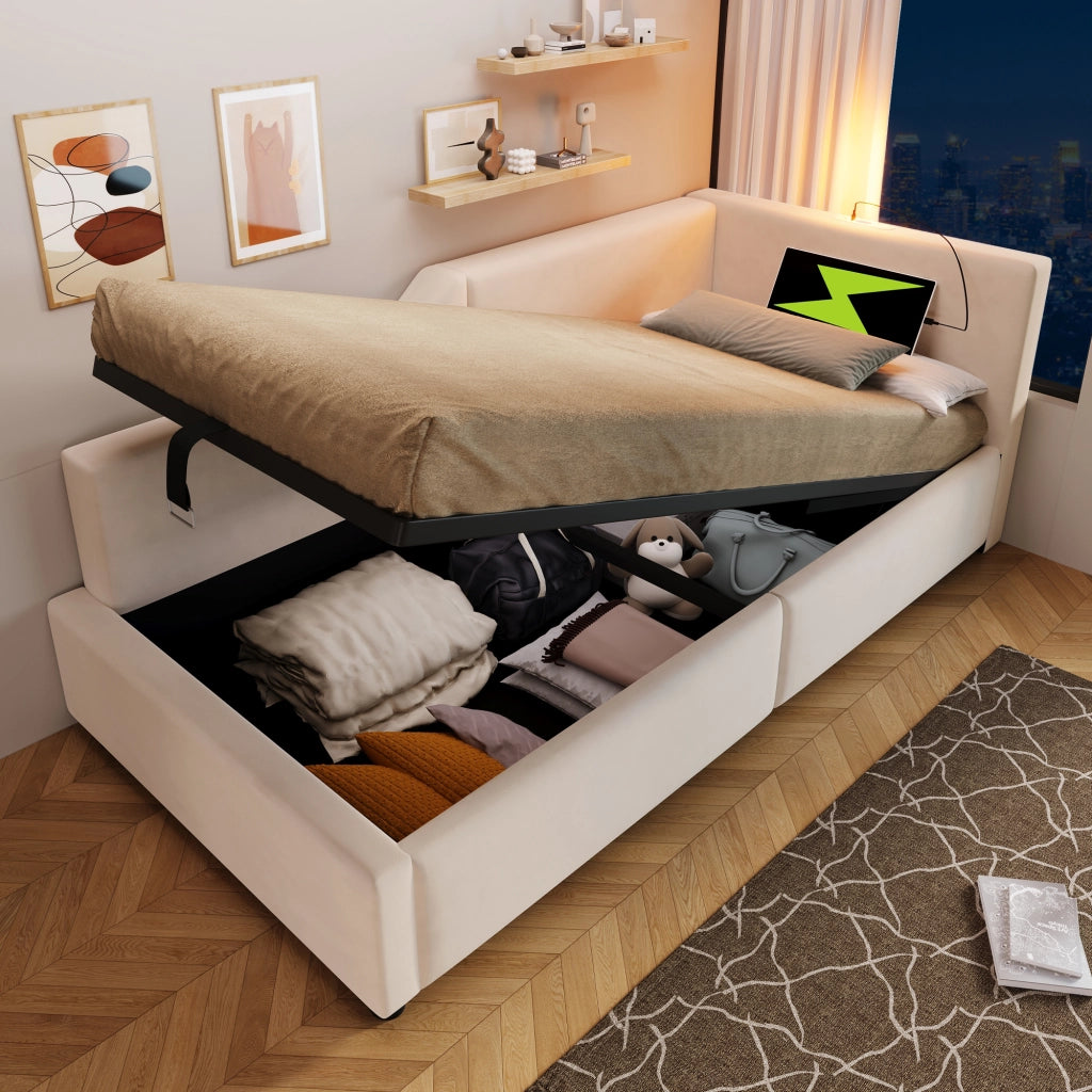 Letto singolo daybed 90 ¡Á 190 cm contenitore in velluto beige con luce da lettura e ricarica USB-C
