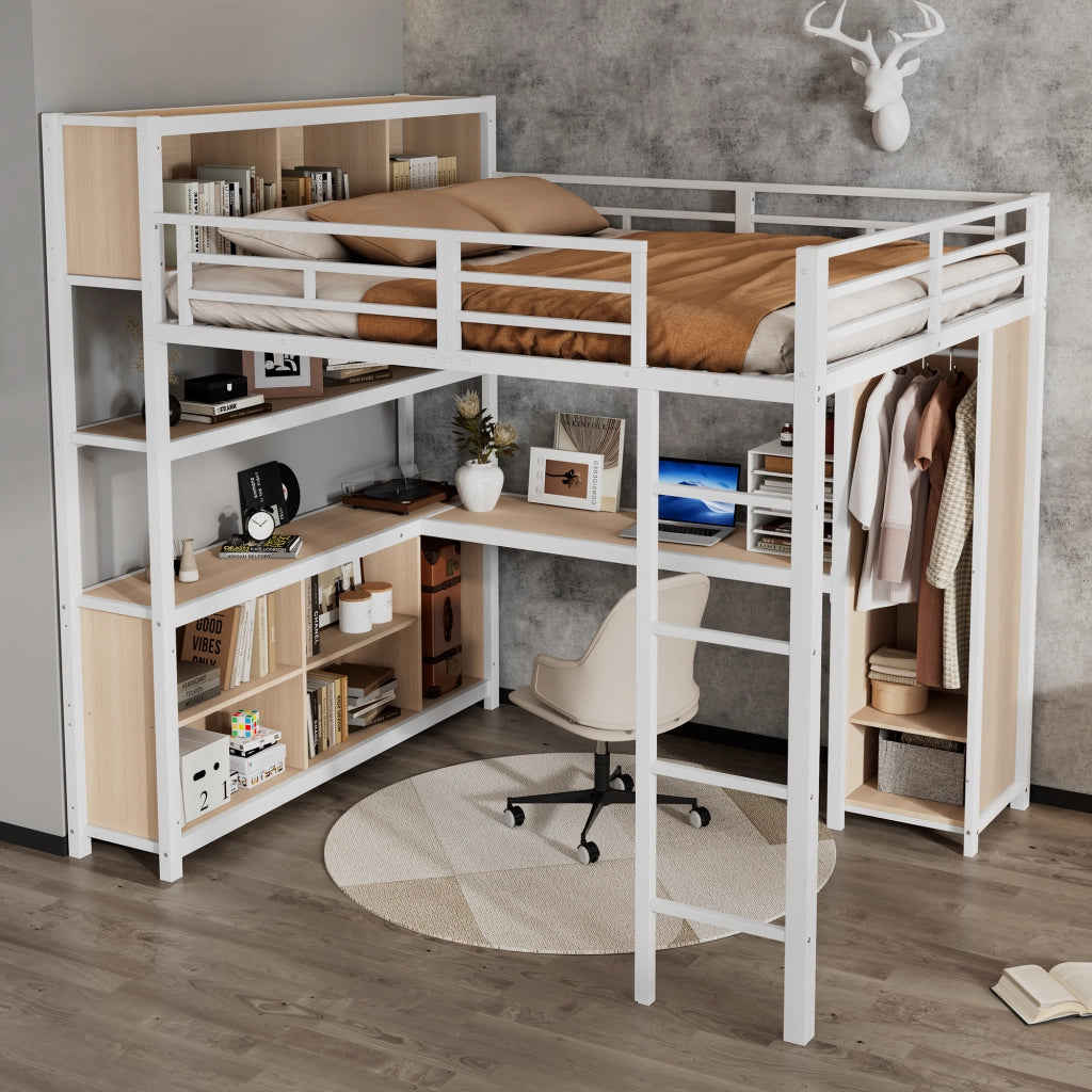 Letto a soppalco 140 × 200 cm con scrivania armadio e vani contenitore in ferro e truciolare