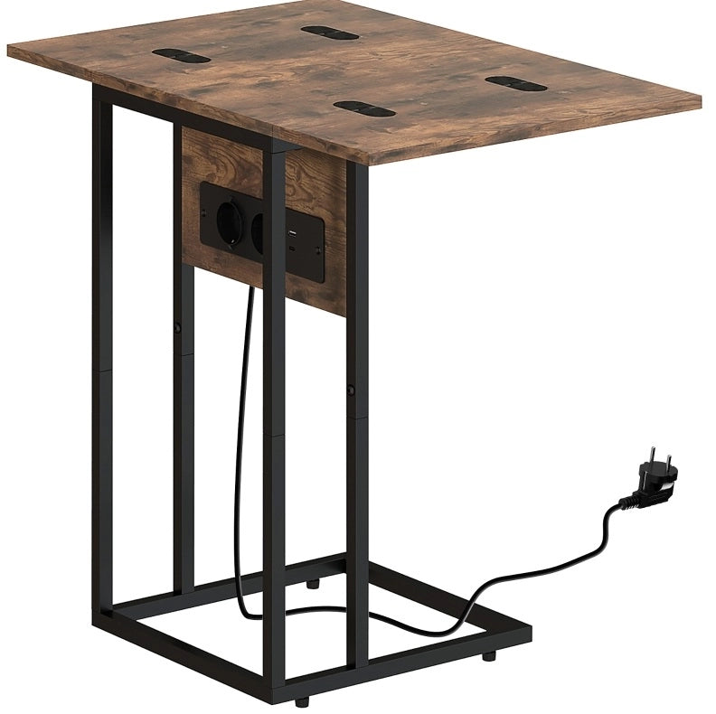 Tavolino pieghevole con stazione di ricarica USB, metallo e pannello marrone 39x29x57 cm
