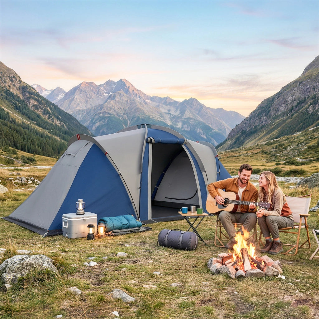Tenda da Campeggio a Tunnel Familiare 4-5 Persone Blu Doppio Strato con 2 Camere Soggiorno Impermeabile 3000 mm per Giardino