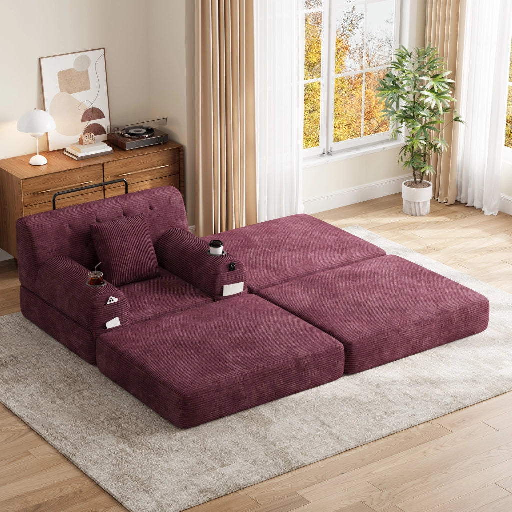 Poltrona da letto convertibile 1 con pouf; schienale alto; portabicchieri 2 e tasche laterali 4; velluto a coste; rosso vino