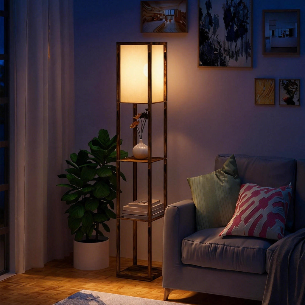 Lampada da terra con 3 mensole integrate, colore legno, attacco E27 potenza 40W, 26x26x160cm, design moderno per casa