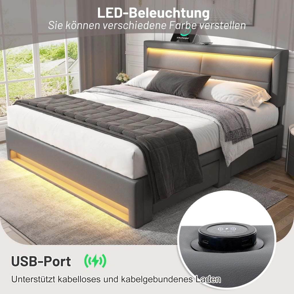 Letto con cassetti 140 × 200 cm imbottito in PU grigio con LED a 12 colori; USB; ricarica wireless e rete a doghe