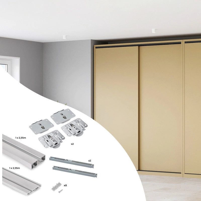 Kit di ferramenta per armadio 2 con porte scorrevoli e chiusura soft Flow2 con binari incassati 2,35 m, pannelli non i..
