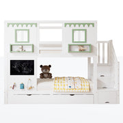 Letto a castello 90x200 cm bianco e verde con 2 cassetti; scala contenitore e pannello con ganci