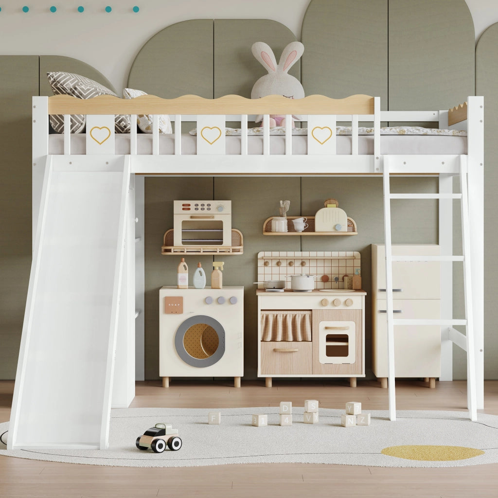 Letto a soppalco per bambini 90 × 200 cm con scivolo armadio e mobile contenitore in legno e MDF bianco naturale