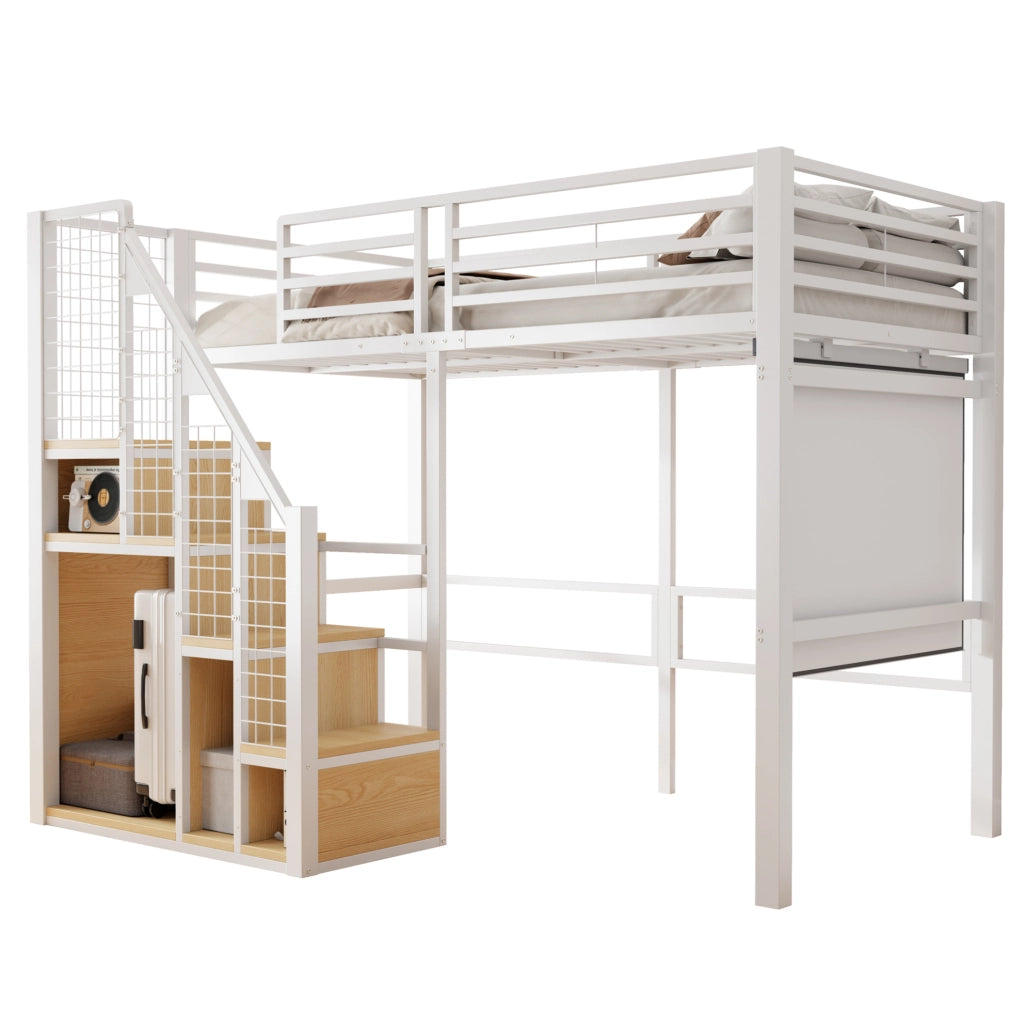 Letto a soppalco 90x200 cm in metallo bianco con guardaroba integrato HOMVRA