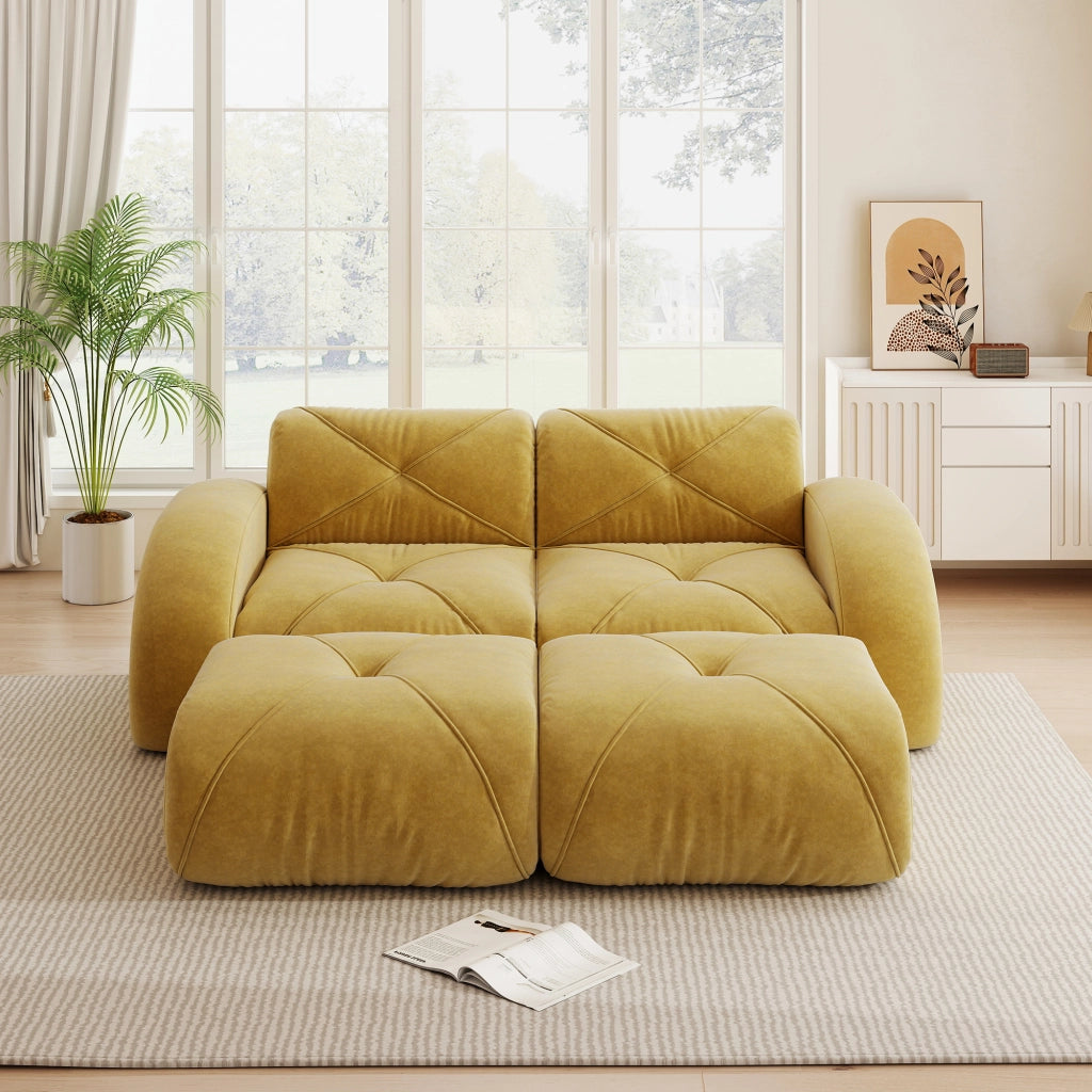 Divano modulare 2 posti con 2 pouf; senza struttura; per soggiorno; in chenille gialla