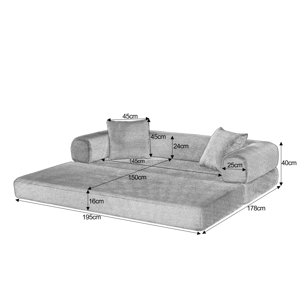 Divano letto modulare trasformabile con funzione letto singolo e struttura stabile, in velluto beige