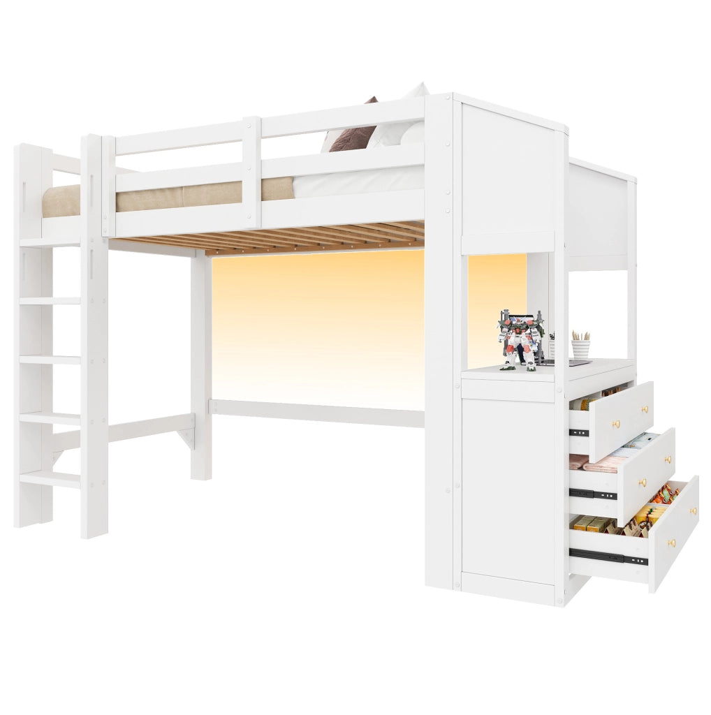 Letto a soppalco 90x200 cm con 3 cassetti; ripiani e LED; bianco