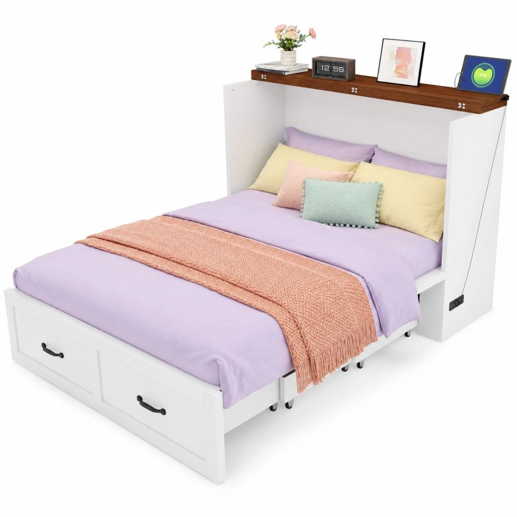 Letto a scomparsa 140 × 200 cm estraibile con presa europea e ruote silenziose in metallo e legno bianco