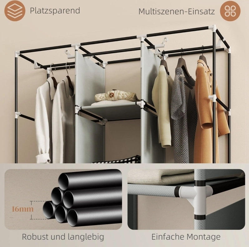 Armadio in tessuto con appendiabiti e cassetti, 125x43x162,5 cm, grigio chiaro
