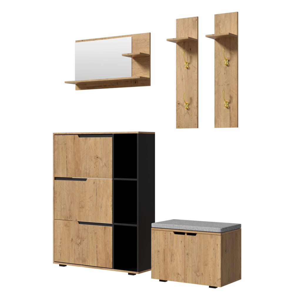 Set Appendiabiti con Specchio, Scarpiera e Panca Imbottita in Legno Nero 150x35x161,5 cm per Ingresso