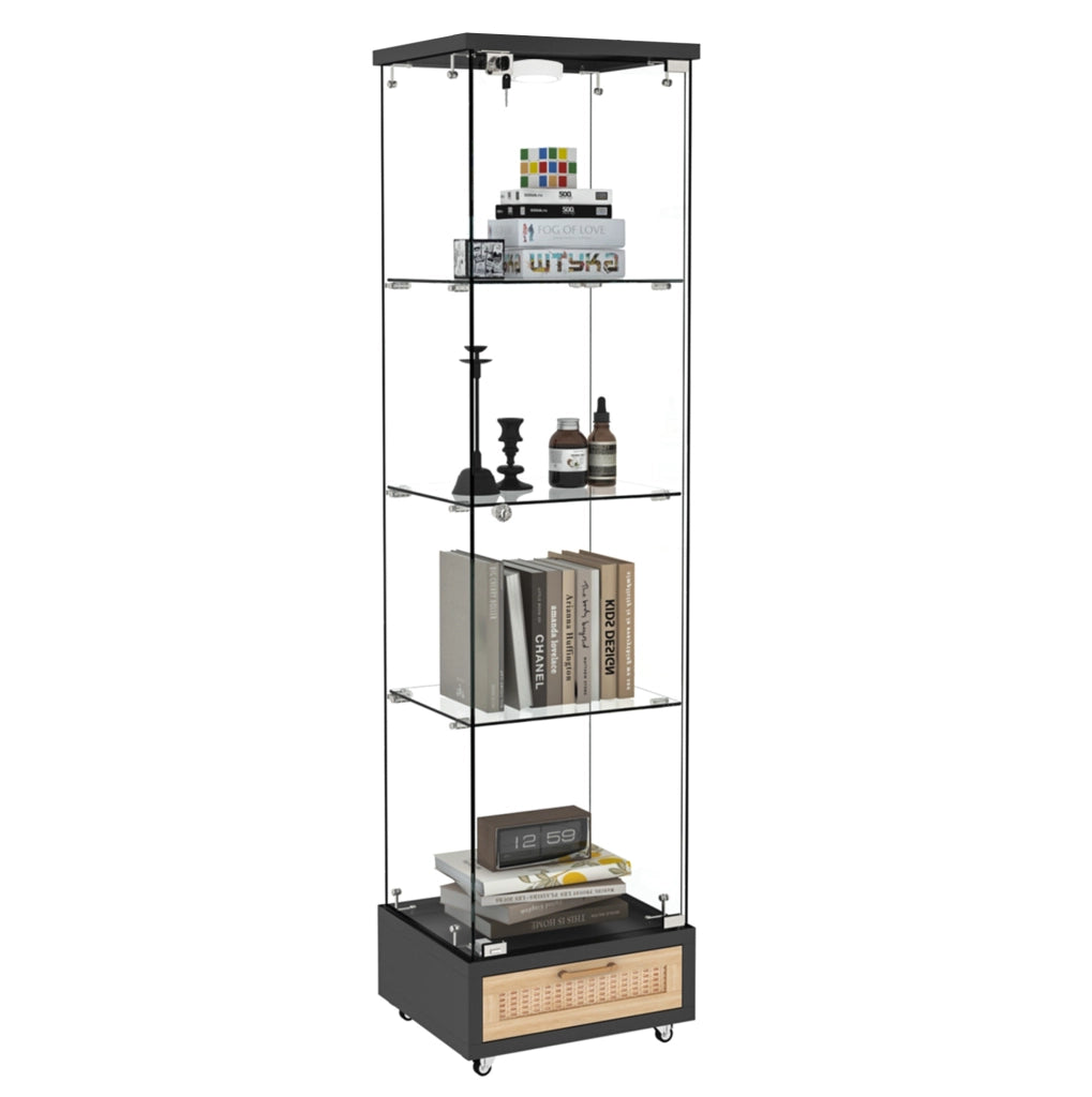 Vetrina moderna nera in vetro temperato con cassetti, LED a 13 colori, 4 ripiani interni, H167 x L42,5 x P36,5 cm