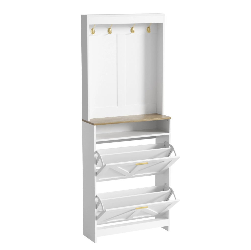 Armadio Slim Porta Scarpe con Illuminazione LED e 2 Cassetti Ribaltabili, con Ganci, Bianco, 70x24x180 cm