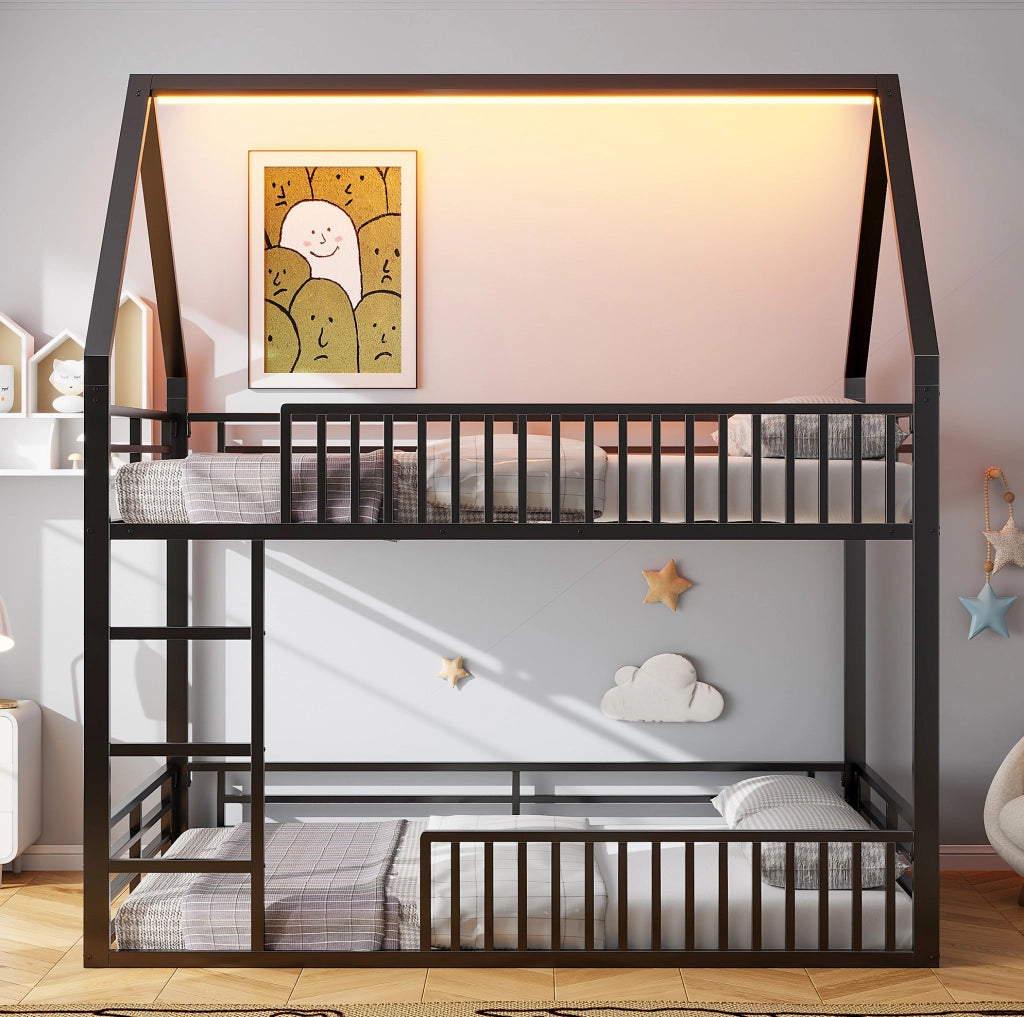Letto a soppalco 140x200 cm a casetta con LED, nero
