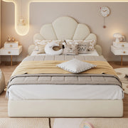 Letto matrimoniale imbottito 140 ¡Á 200 cm in velluto beige con testiera a forma di fiore e rete a doghe
