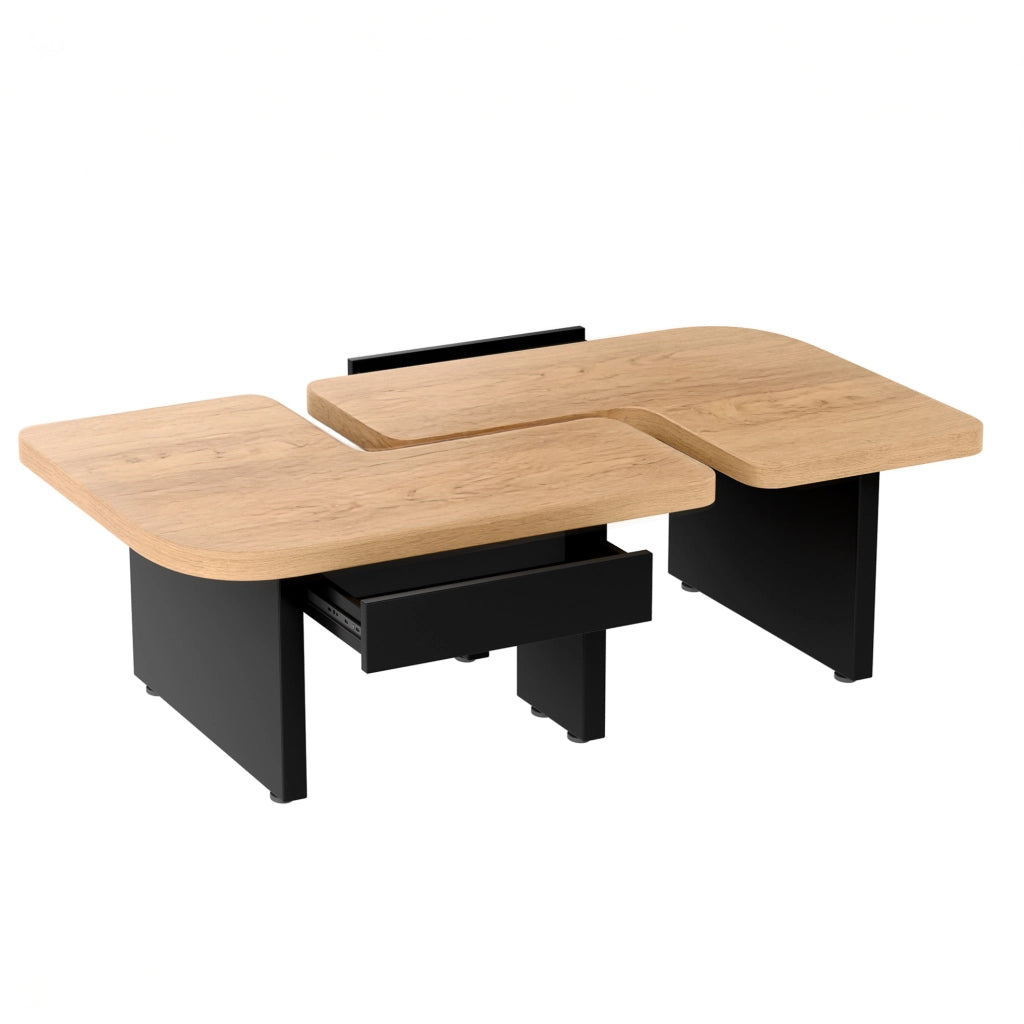 Tavolino da caffè con LED; 2 cassetti e 2 tavolini combinabili 90 x 60 x 44;5 cm; MDF naturale e nero