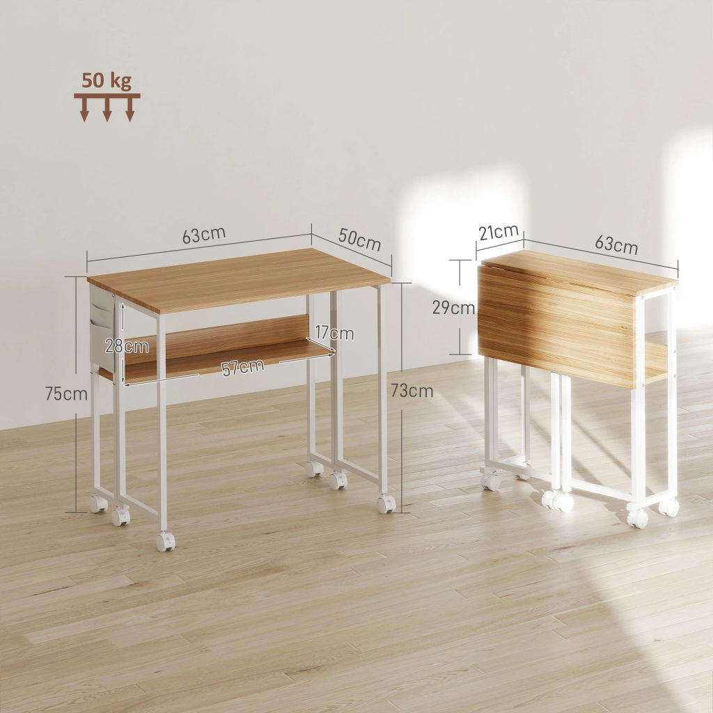 Bureau pliable sur roulettes 63 x 50 cm avec étagère et sac de rangement, bois naturel