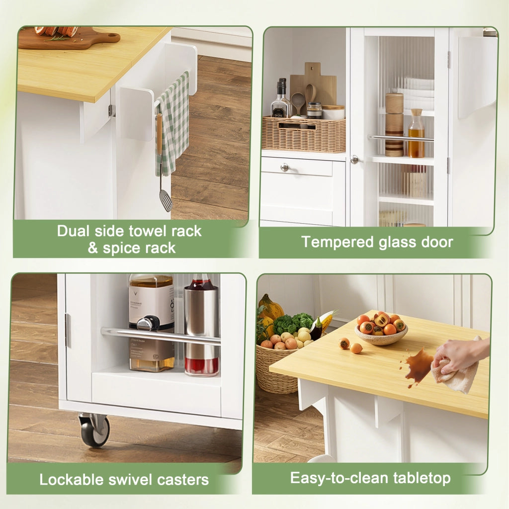 Carrello da cucina con piano pieghevole, 2 cassetti e portaspezie, ruote bloccabili, naturale bianco, 120 × 45 × 92 cm