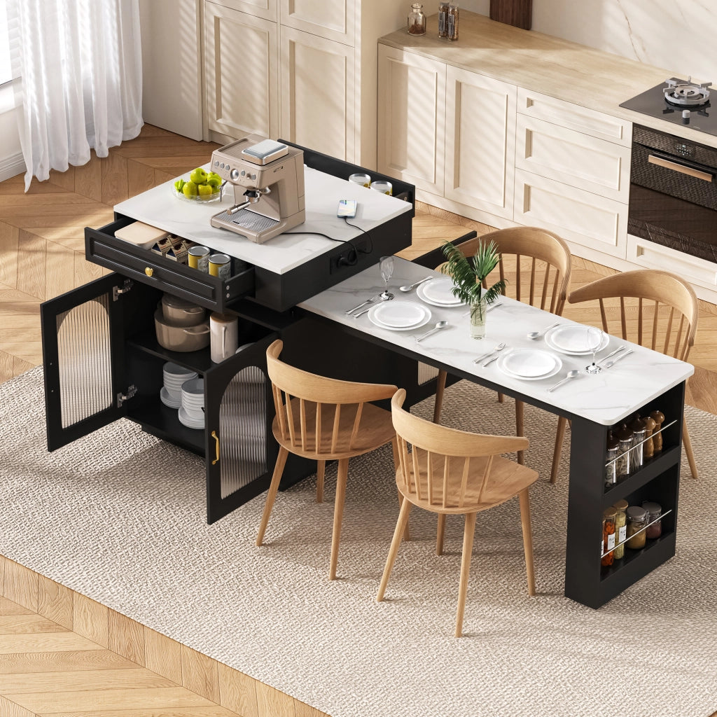 Isola Cucina con Ruote e Tavolo da Pranzo Allungabile; Tavolo Bar con Prese e LED; Nero