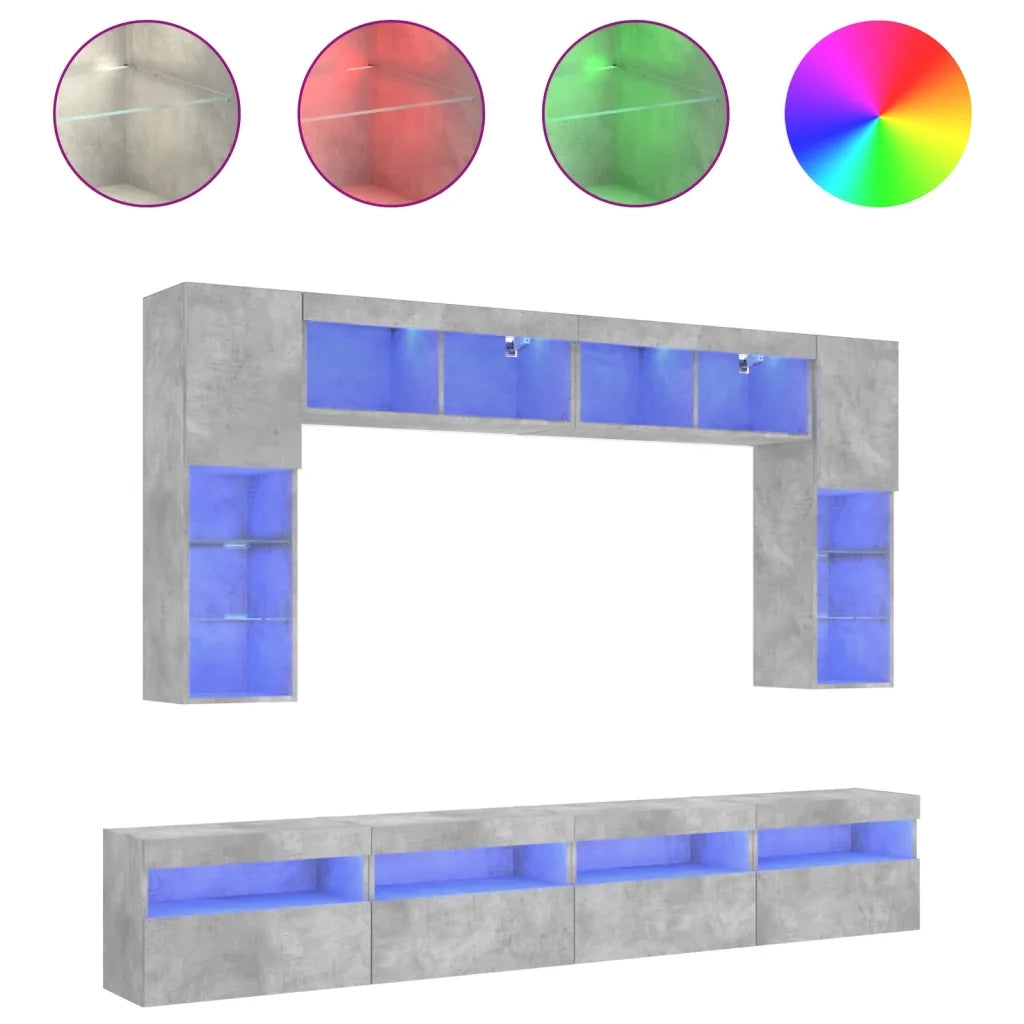 Set Mobili TV a Muro 8 pz con Luci LED Grigio Cemento 3216767