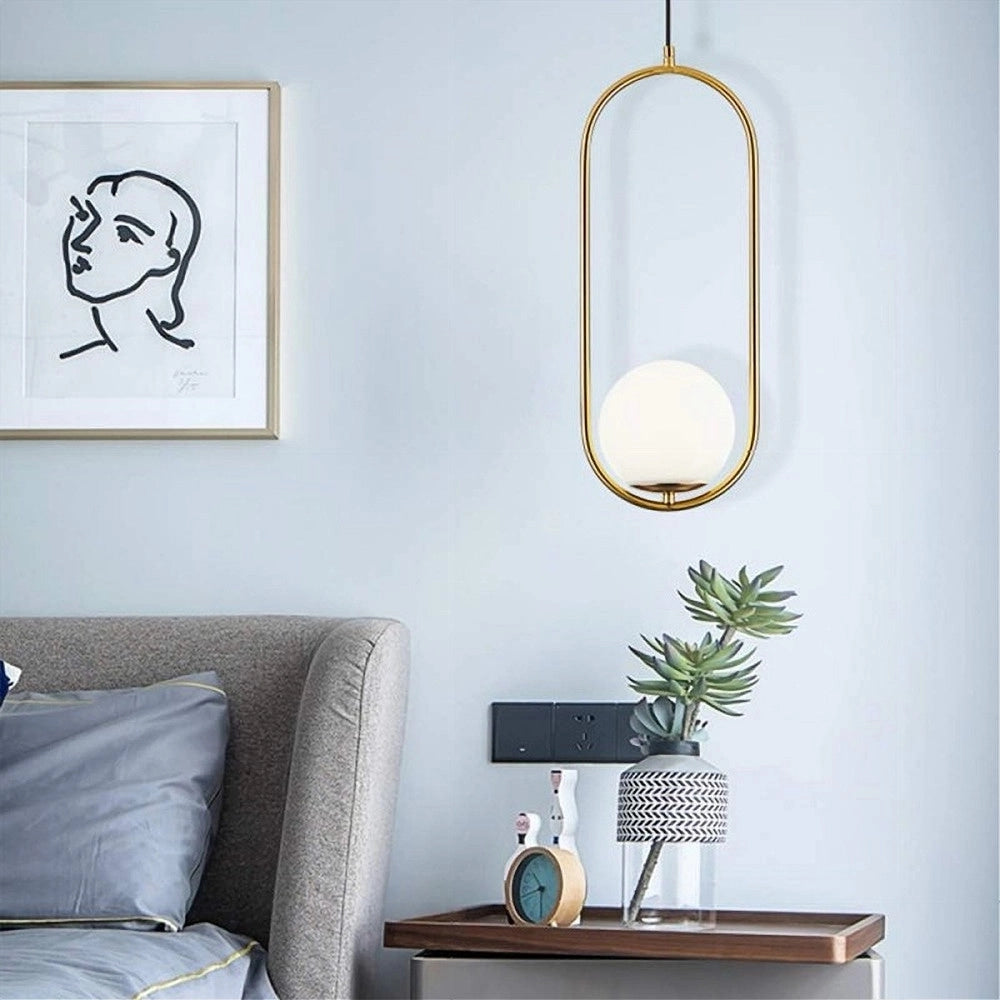 Trade Shop - Lampadario A Sospensione Oro Ovale Con Sfera Vetro Attacco E27 Moderna Minimal 32835 -