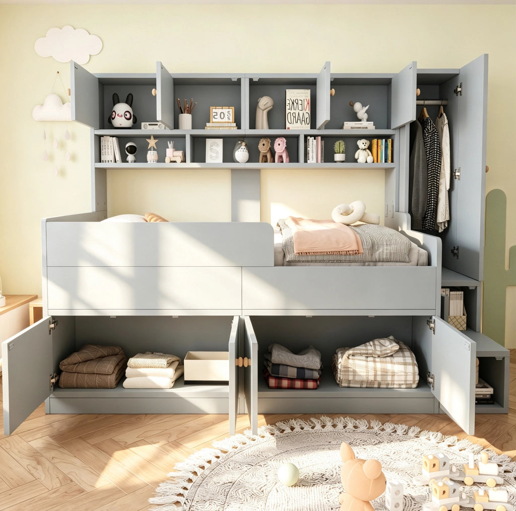 Letto per bambini 90x200 cm con LED e ampio spazio contenitivo; grigio