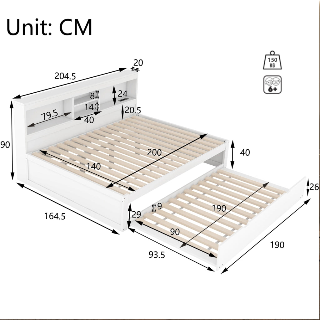 Letto estraibile 140x200 cm in MDF e pannelli bianco con LED salvaspazio senza materasso –