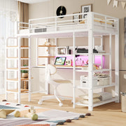 Letto a soppalco in metallo con pannello forato, scrivania, LED e scala, 90x200 cm, bianco