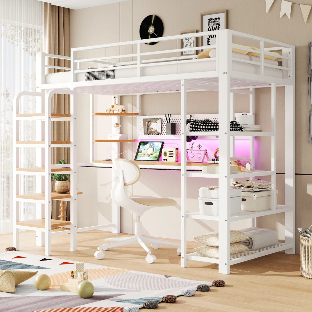 Letto a soppalco in metallo con pannello forato, scrivania, LED e scala, 90x200 cm, bianco
