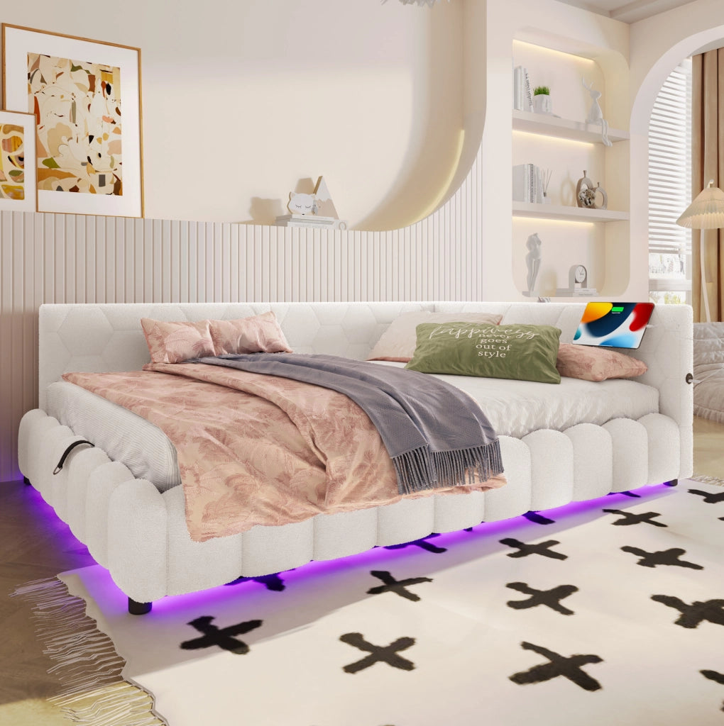 Daybed 140x200 cm con contenitore idraulico, LED, USB e Type-C, bianco