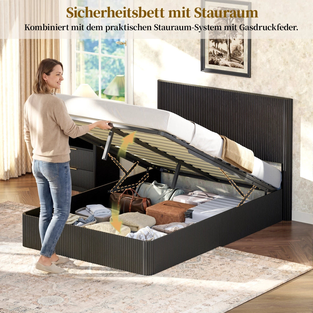 Letto con contenitore 140 × 200 cm con sollevamento idraulico struttura in acciaio doghe in legno nero