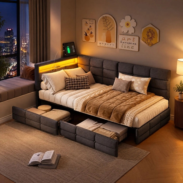 Divano letto multifunzionale 90x200 cm; letto imbottito a L con LED e USB; Letto Singolo con Rete a doghe e Testiera con Contenitore; Lino Grigio