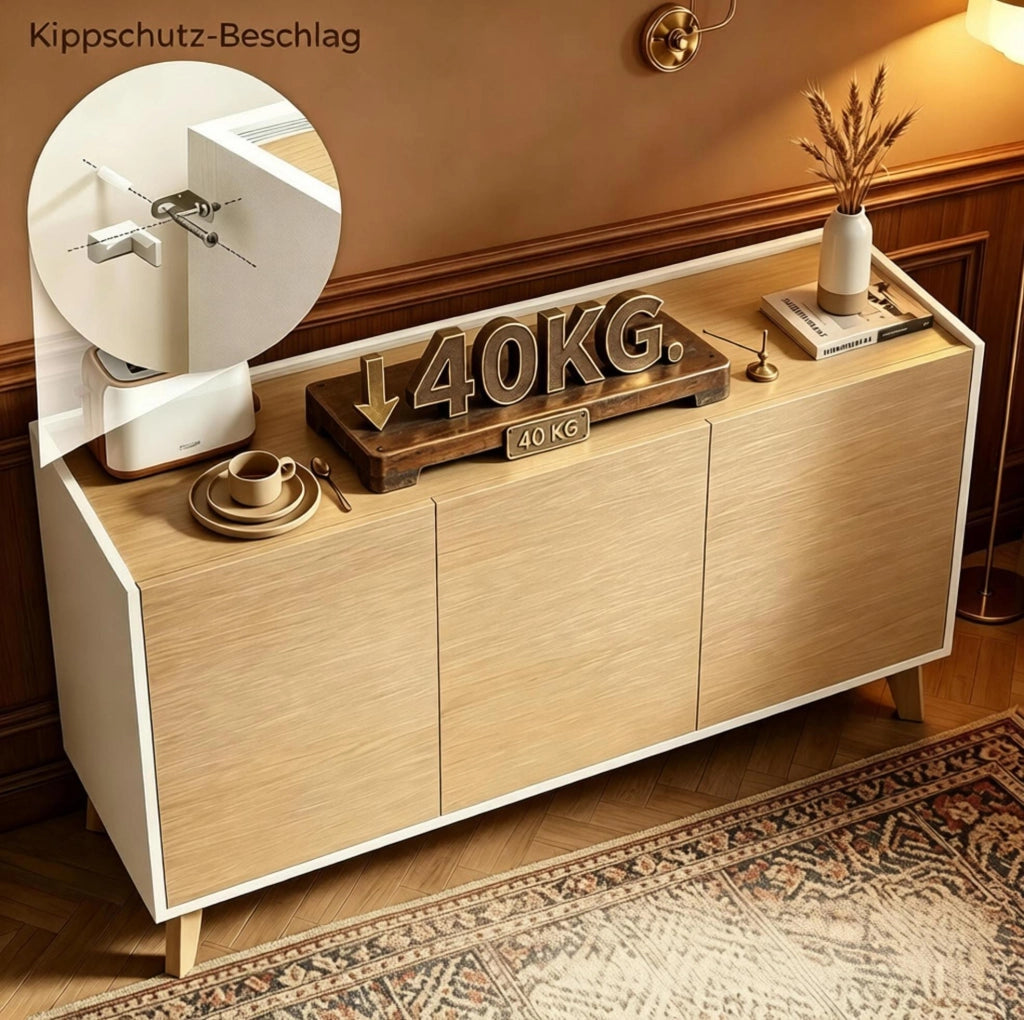 Credenza ULEVR 120x35x73,5 cm con 3 ante e 6 vani, mobile TV in MDF e pannello truciolare bianco naturale