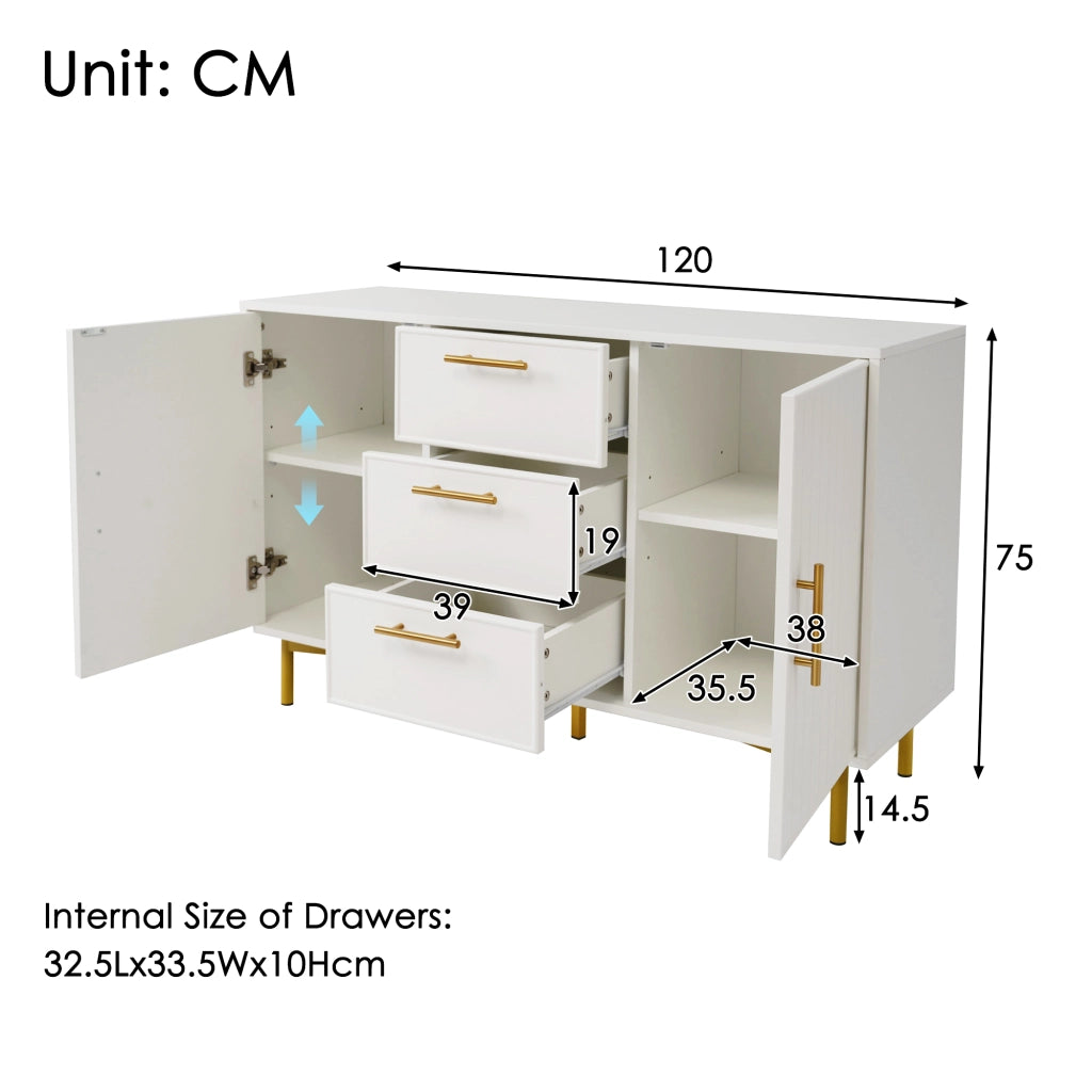 Madia 120x40x75 cm con 2 ante; 3 cassetti e ripiano regolabile in pannello truciolare bianco