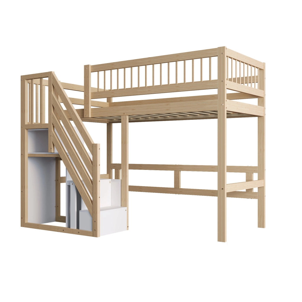 Letto a soppalco 90 × 200 cm con scala contenitore e sponde alte in legno colore naturale