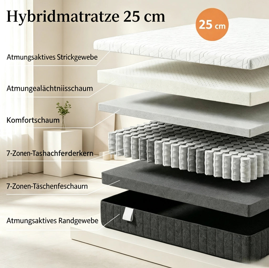 Materasso memory foam 140x190 cm per 2 persone, spessore 25 cm, imbottitura in schiuma ad alta densità
