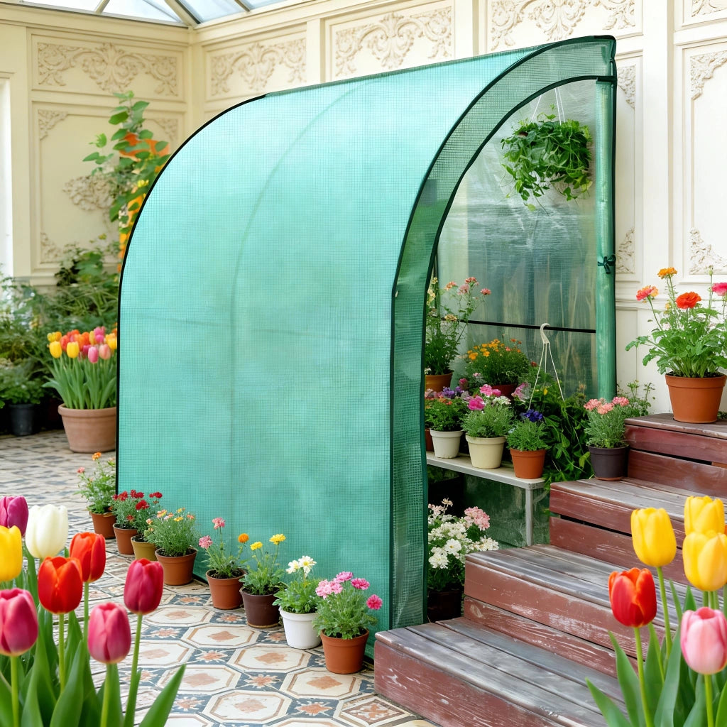 Serra da giardino addossata con 2 porte apribili copertura in PE verde telaio in acciaio 200 × 100 × 210 cm