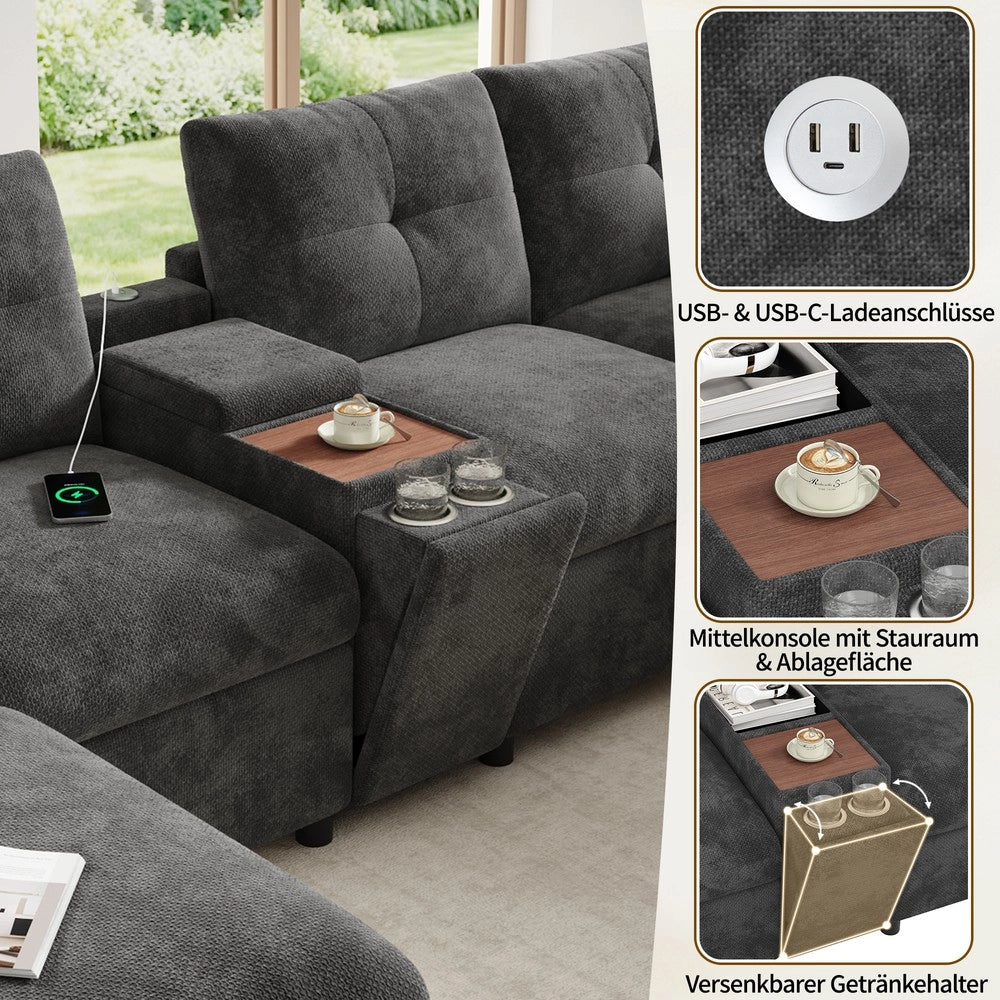 Divano angolare modulare 6 posti ¨C Minimal ¨C Grigio tessuto chenille con contenitori poggiapiedi porta bevande USB Type-C