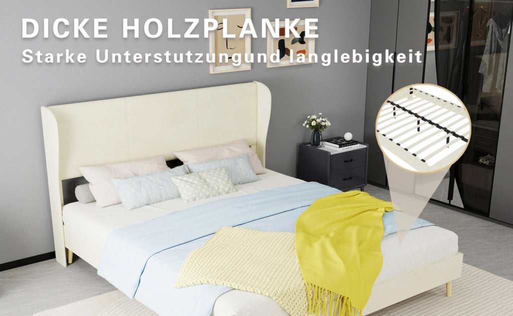 Letto imbottito moderno 160x200 cm con testiera beige e base bassa senza contenitore