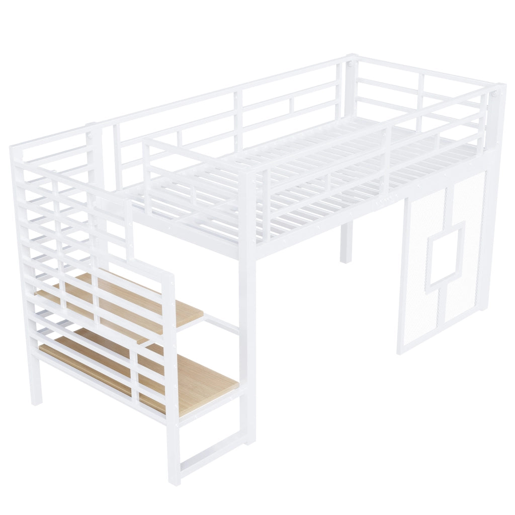 Letto a soppalco singolo 90 × 200 cm con scala contenitore, LED regolabile e finestre, senza materasso, bianco