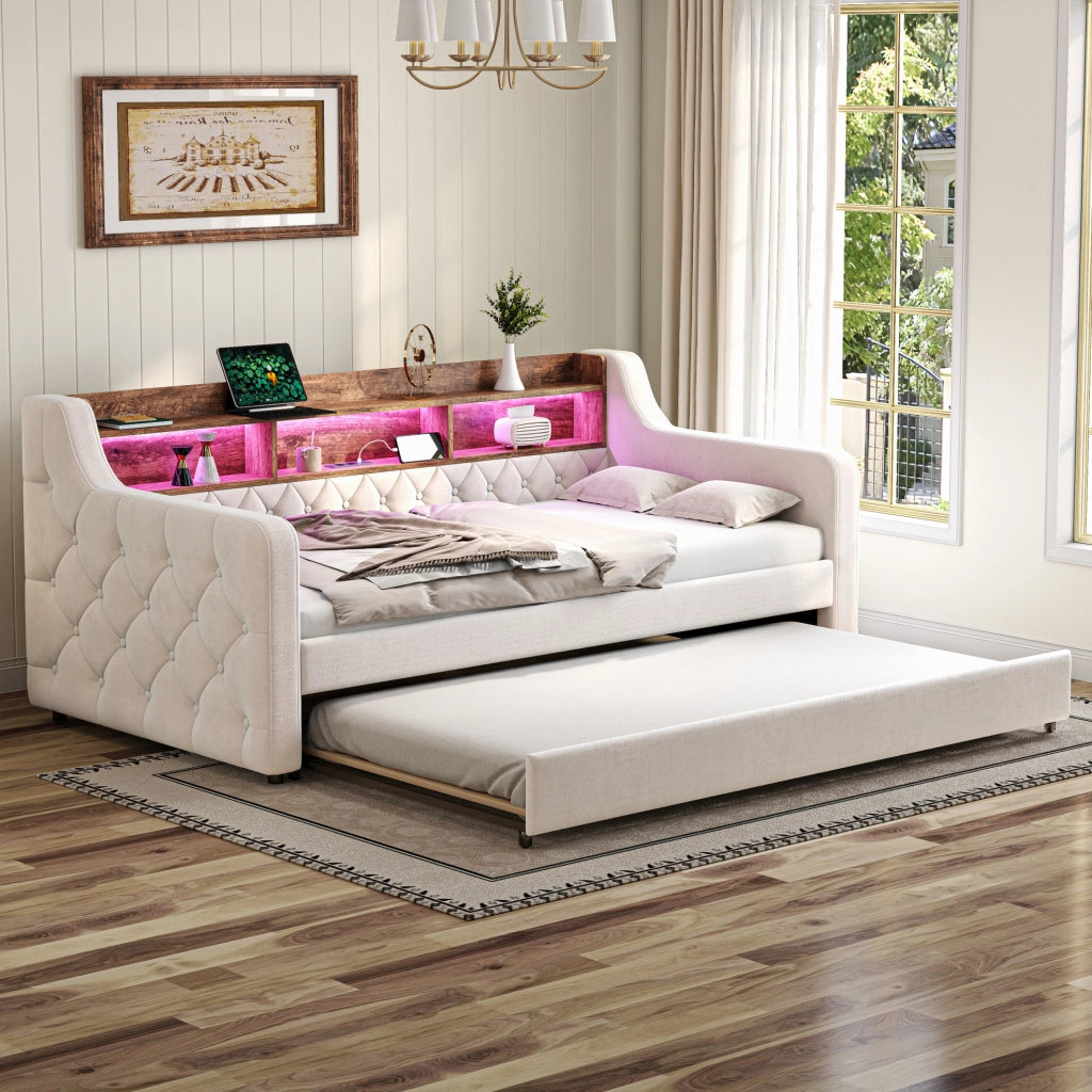 Divano letto estraibile 90x190 cm in velluto beige con LED; USB-C e vano portaoggetti