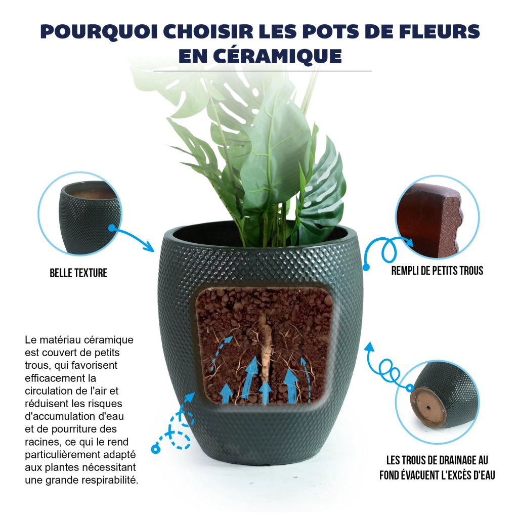 Vaso da fiori in ceramica Ø 46 cm alto 53 cm con rilievo a rombi verde scuro lucido per giardino e terrazza