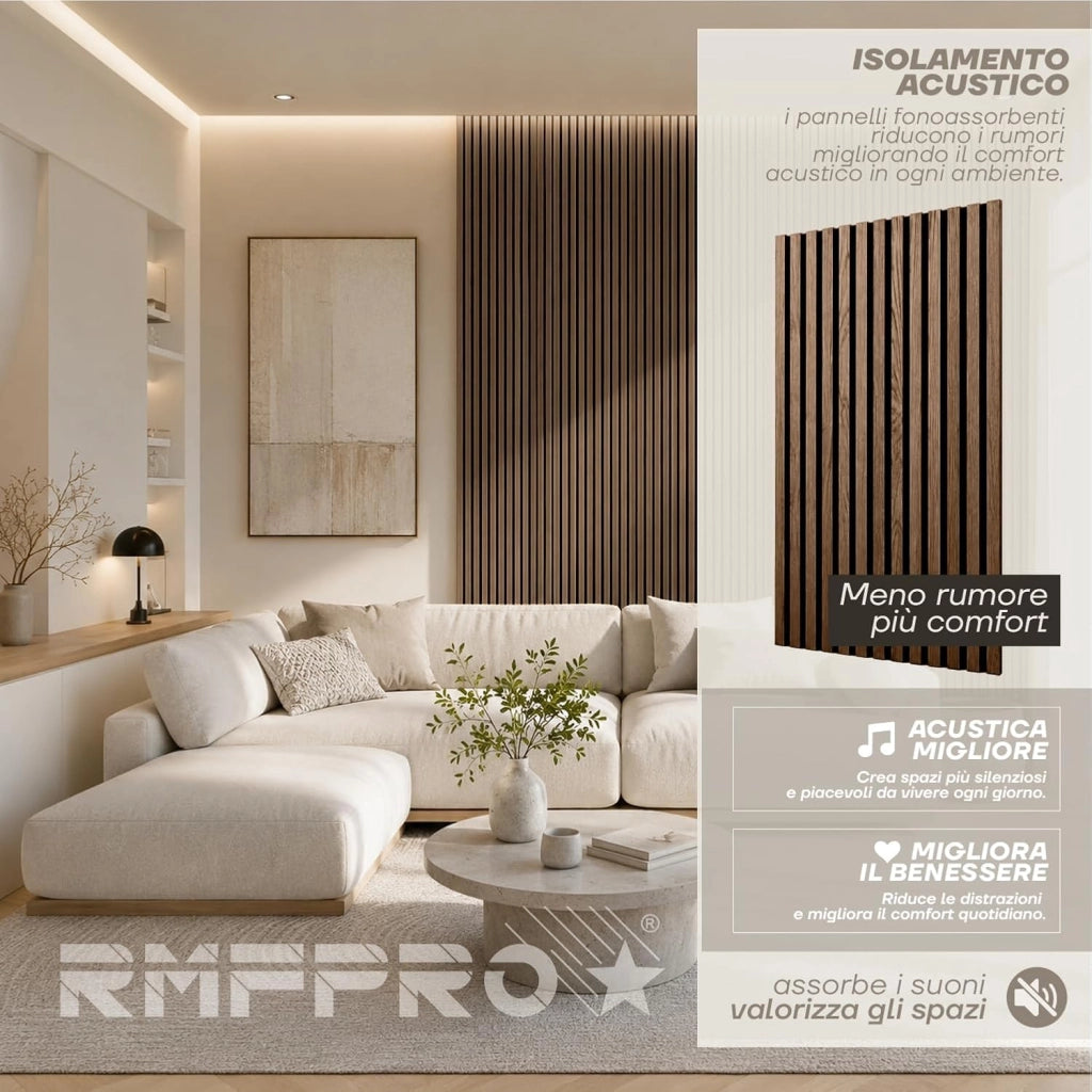 RMF PRO Set 2 Pannelli Decorativi Parete Legno Fonoassorbenti Fumo Chiaro 120x60 cm (1,44 m²) – Rivestimento Acustico a Listelli MDF per Soggiorno, Studio e Ufficio