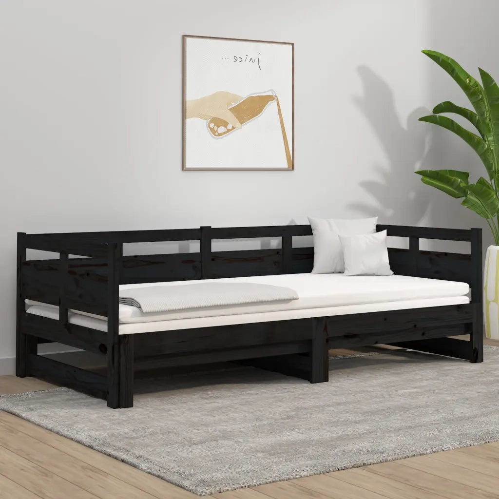 Letto singolo | Letto per adulti | Dormeuse Estraibile Nera in Legno Massello di Pino 2x(90x190)cm