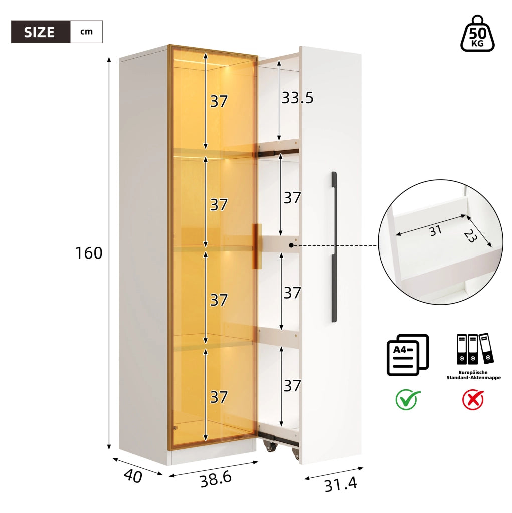Vetrina 70x40x160 cm in MDF bianco con ante in vetro colorato; LED e modulo estraibile