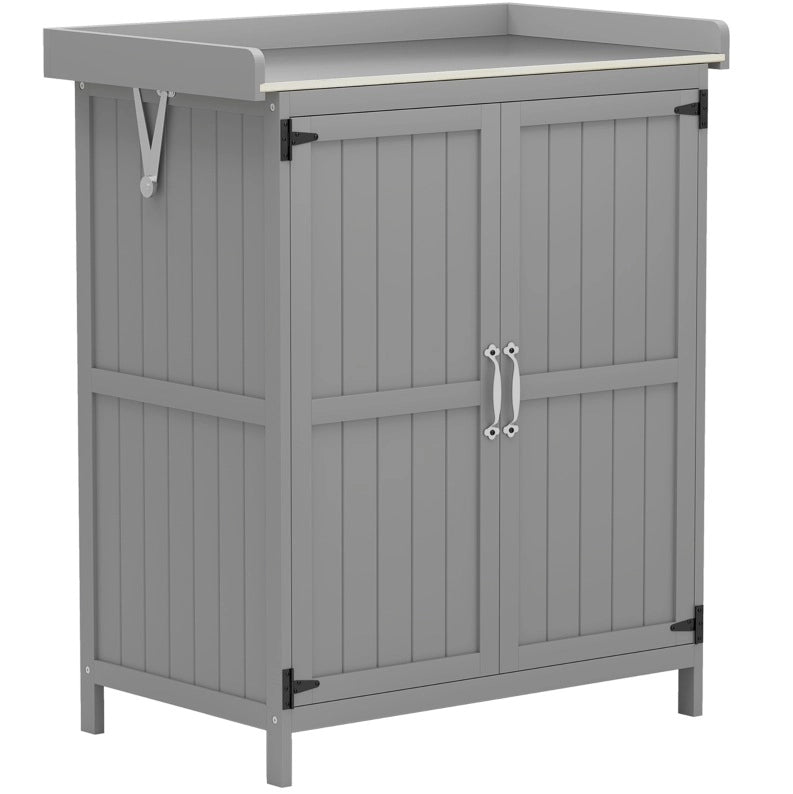 Armadio da Giardino con Piano di Lavoro in Legno e Acciaio, Doppie Porte, Grigio, 74x43x88 cm