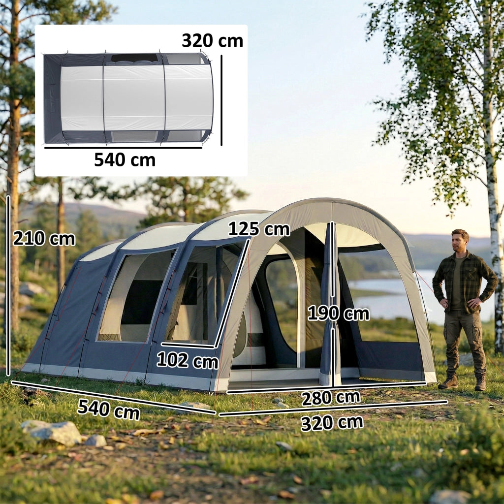 Tenda da Campeggio a Tunnel per 2-4 Persone 540x320x210 cm con 2 Stanze Impermeabile 3000mm Resistente Blu Navy